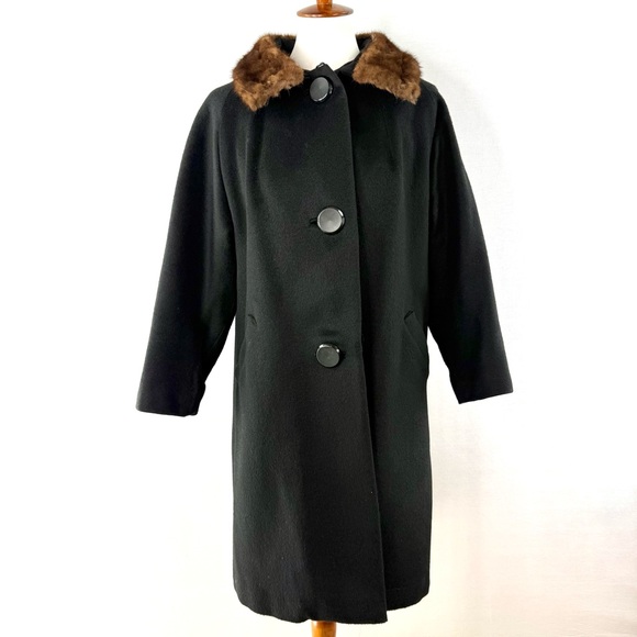 Vintage ILGWU Made Black Wool Mid-Length Overcoat Coat with Real Fur Collar - Picture 1 of 15